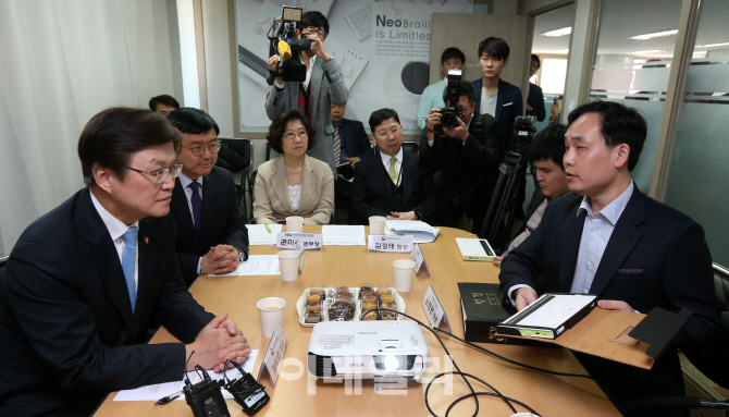 [포토]최양희 미래창조과학부 장관 정보통신보조기기 기업 현장방문