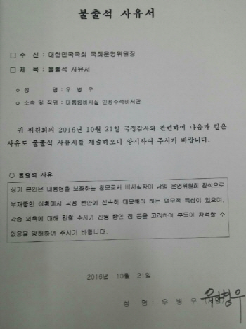 우병우, 국감 불출석사유서 제출(상보)