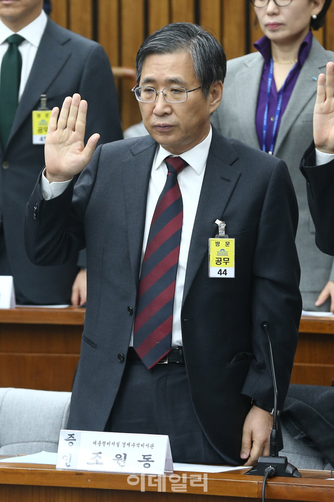 [포토]'국조특위 2차 청문회', 증인 선서하는 조원동 전 청와대 경제수석비서관