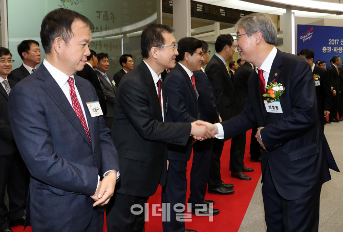 [포토]인사 나누는 임종룡 위원장과 성항제 대표이사