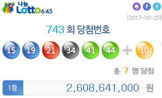 로또 743회 1등 7명 당첨금 각 26억864만원