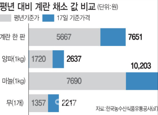 ‘수급조절 실패탓’ 밥상물가 비상…계란, 채소값↑