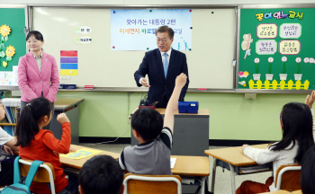 찾아가는 文대통령, 우선 '교감'…아이 눈높이서 '미세먼지 대책' 설명