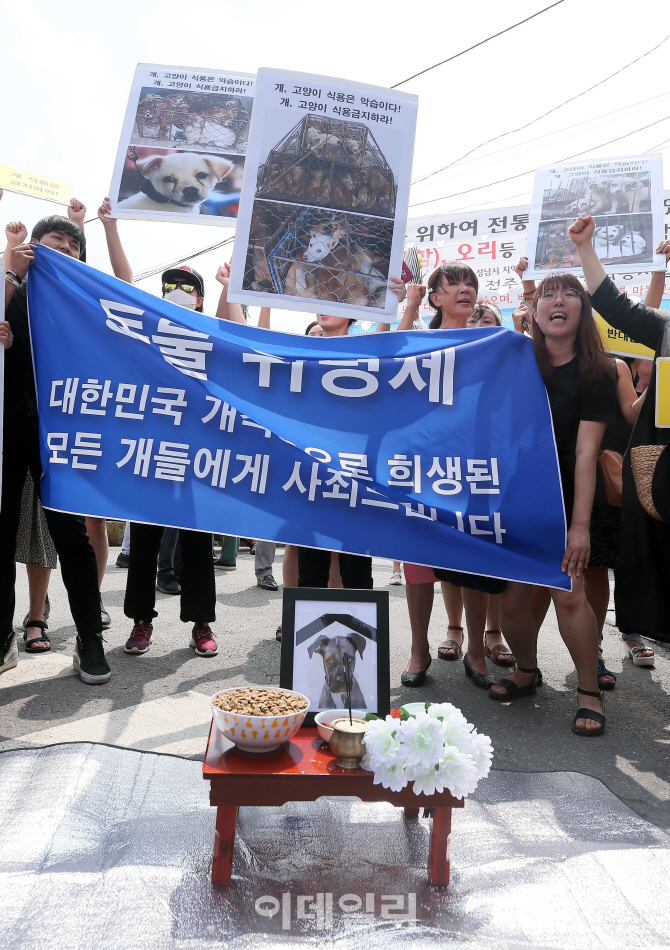 [포토]'모란시장 앞에 모인 동물보호단체 회원들'