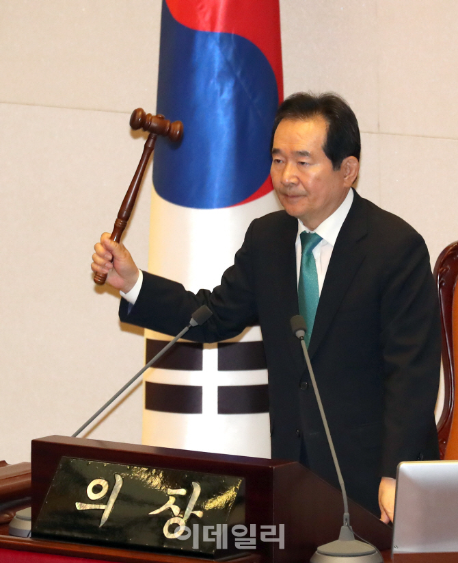 [포토]김명수 대법원장 임명동의안 가결 알리는 정세균 의장