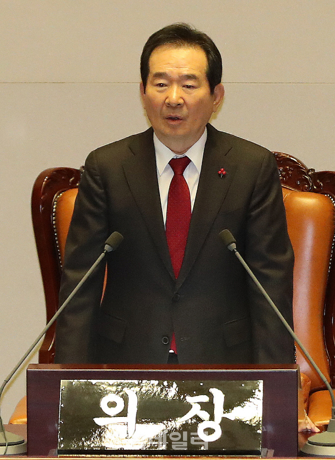 [포토]국회 예산안 및 부수법안 처리를 위한 본회의 정회 선언하는 정세균 의장