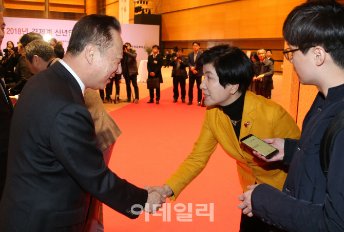 [포토]인사 나누는 박용만 대한상의 회장-김영주 장관