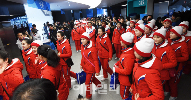 [포토]렴대옥-김주식 응원 마치고 경기장 나서는 北 미녀들