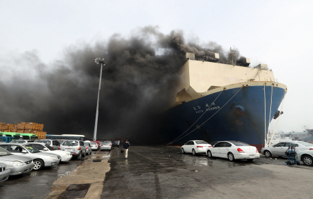 인천항 대형 운반선서 화재…유독성 연기 확산(사진)