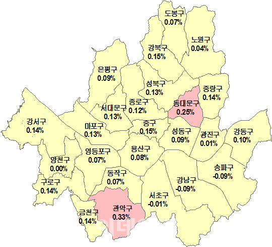 서울 관악·동대문구 집값 '껑충'..강남3구는 시무룩