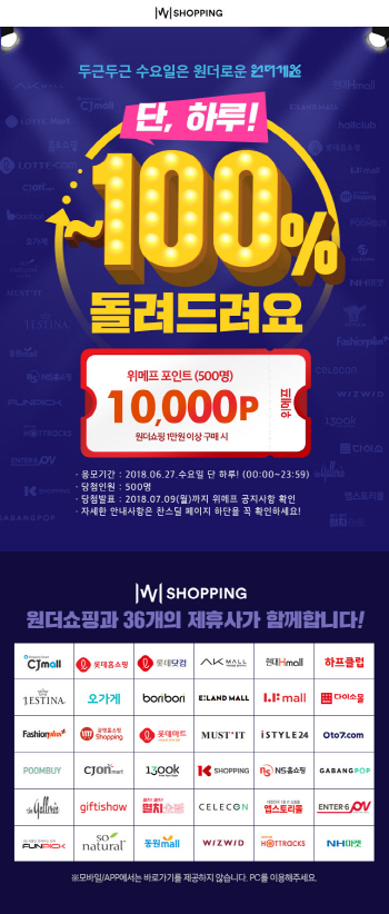 위메프 원더쇼핑, 최대 100% 페이백 이벤트 실시
