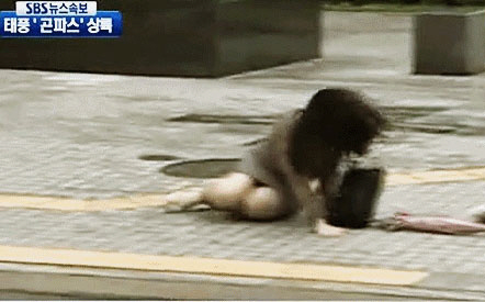 태풍 곤파스 강풍에 길가던 여성 '털썩'..솔릭은 건장한 남성도 '휘청'