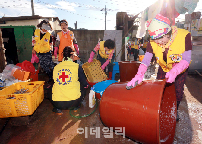 [포토] 태풍 피해지역 돕는 적십자 봉사대원