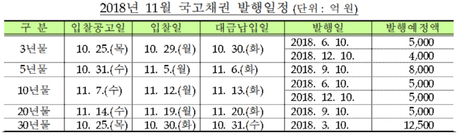 기재부, 11월 4.5조원 규모 국고채 경쟁입찰 발행