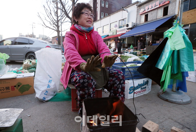 [포토]'겨울 추위, 몸 녹이는 시장상인'