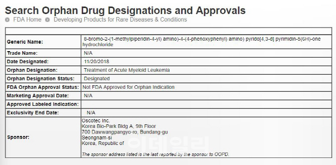 오스코텍, 美희귀약 지정된 급성백혈병치료제는