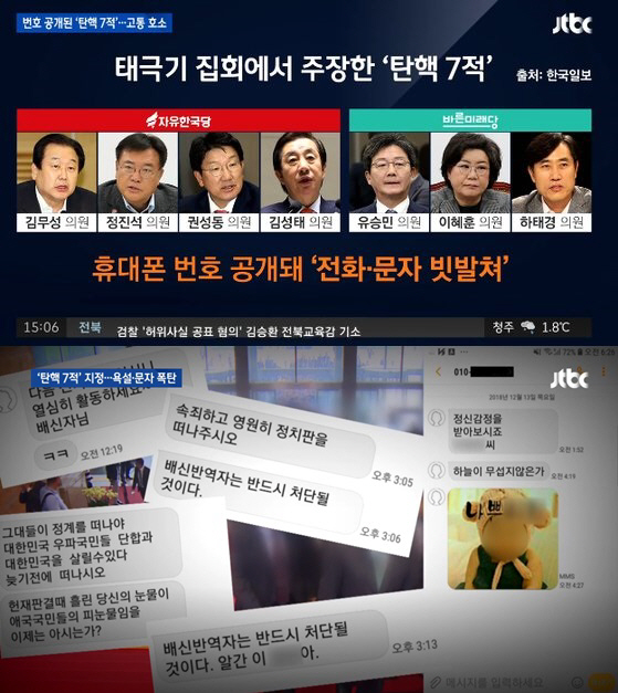 태극기 세력 ‘탄핵 7적’ 번호 공개…하태경 “문자폭탄·워마드 합류?”