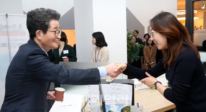 [포토]서울시청년일자리센터 직원들 격려하는 이목희 일자리위원회 부위원장