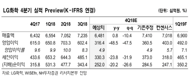 LG화학, 석유화학부문 수익축소로 4분기 실적 부진..목표가↓-NH