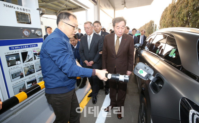 [포토]수소전기차 충전 참관하는 이낙연 총리