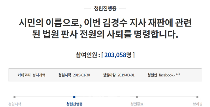 ‘김경수 재판 판사 사퇴하라’ 靑 청원 하루만에 20만 넘어