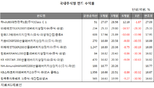 올들어 국내주식형펀드 최고는 레버리지ETF…대형주 랠리에 '방긋'