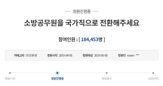 '소방공무원 국가직 전환' 靑국민청원 20만 돌파 눈앞