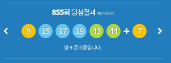 855회 로또 '8,15,17,19,43,44'..2등 보너스 '7’