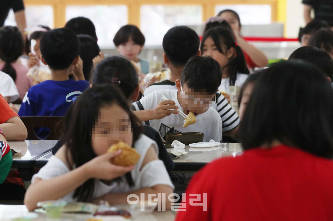 [포토]급식실에서 빵으로 점심식사하는 초등학생들