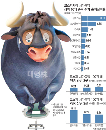 경기둔화에 '장부가 밑도는 주가'…대형株 절반 이상 덩칫값 못해