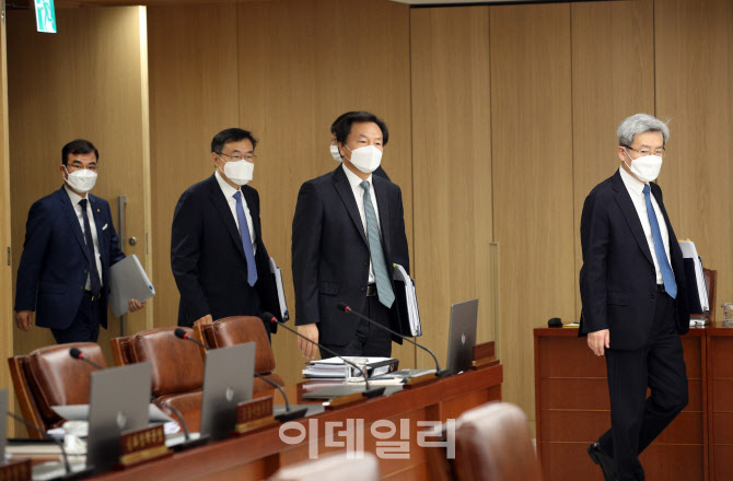 마스크 쓰고 입장하는 금융위원들                                                                                                                                                                   