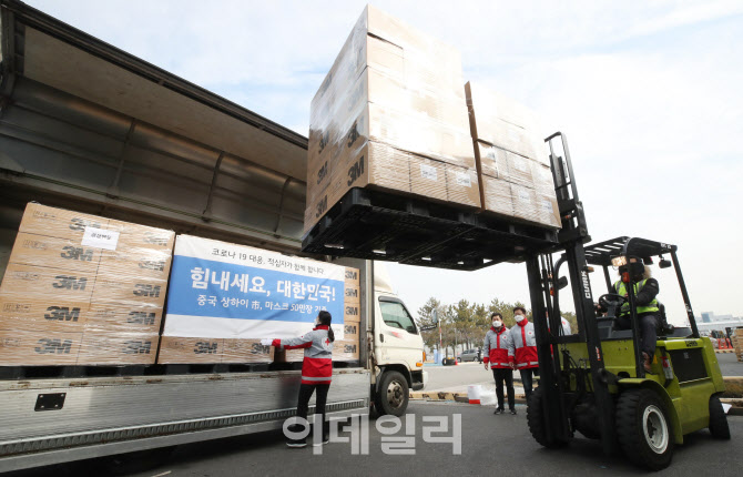 [포토]중국 상하이 기증 마스크 50만장, '대구·경북·부산·전북'으로 출발