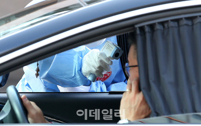[포토]병원 입구에서 차량 탑승자 체온 측정하는 의료진
