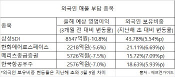 외국인 '팔자' 공세에 떠는 실적부진株