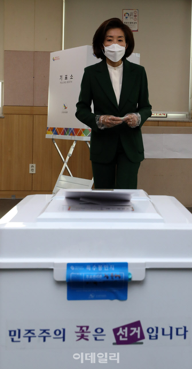 [포토]기표를 마친 나경원 미래통합당 동작을 후보