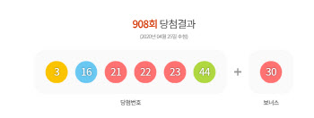 908회 로또 1등 번호 `3·16·21·22·23·44`…보너스 번호 `30`