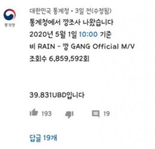 통계청 유튜브 관리자, 비 ‘깡’ 뮤비 댓글 사과…뭐라 했길래