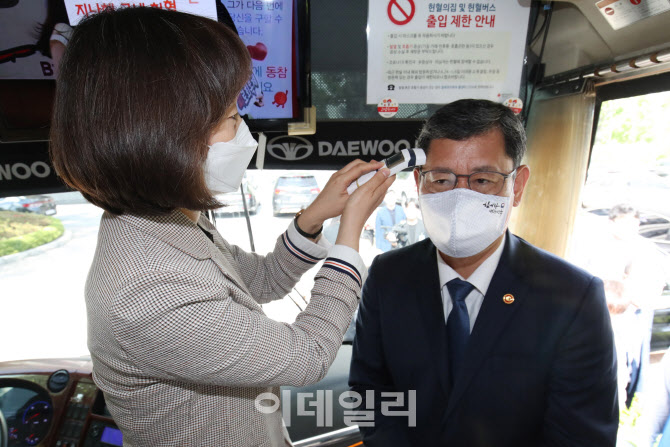 헌혈전 체온 측정하는 김연철 장관                                                                                                                                                                  