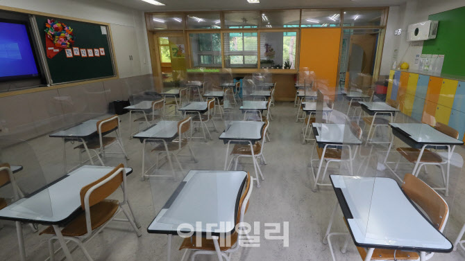초등학교 신입생 책상마다 설치된 가림막                                                                                                                                                            