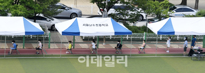 간격을 둔 채 코로나19 검사 기다리는 학생들                                                                                                                                                        