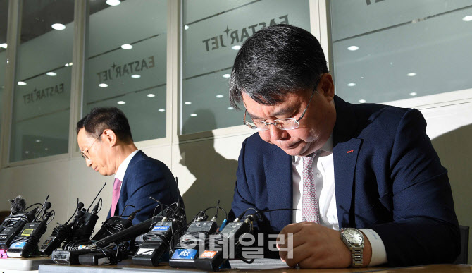 고개 떨구는 최종구 대표-김유상 전무                                                                                                                                                               