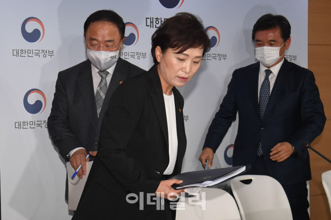 부동산 대책 브리핑 마친 홍남기-김현미-서정협                                                                                                                                                      