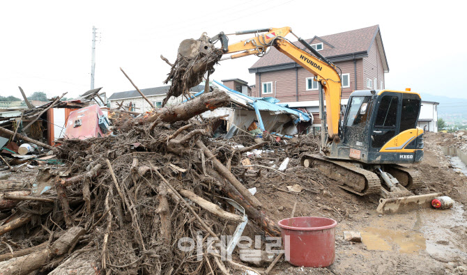 산에서 마을로 쓸려내려 온 나무들                                                                                                                                                                  