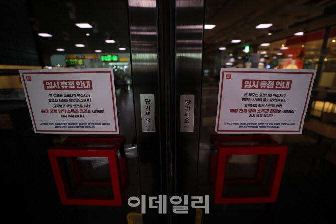 코로나19 확진으로 임시 휴점한 롯데리아 서울역사점                                                                                                                                                 