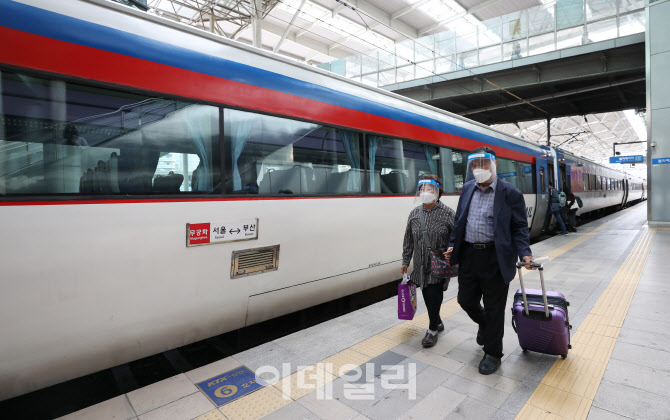 코로나19 시국 페이스 쉴드 착용한 채 열차 탑승하는 노부부                                                                                                                                          