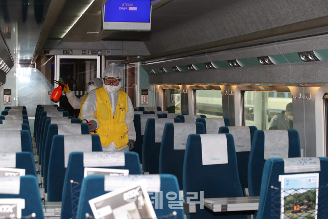 열차 내 소독하는 방역작업원들                                                                                                                                                                     