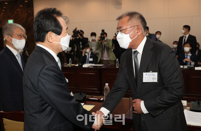수소경제위원회에서 만난 정세균 총리-정의선 회장                                                                                                                                                   