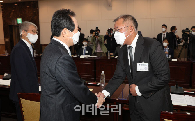 정세균 총리-정의선 회장, 수소경제위에서 인사                                                                                                                                                      