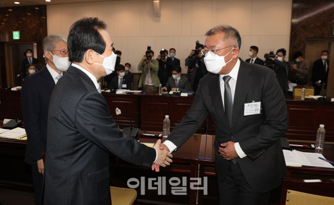 악수하는 정세균 총리-정의선 회장                                                                                                                                                                  