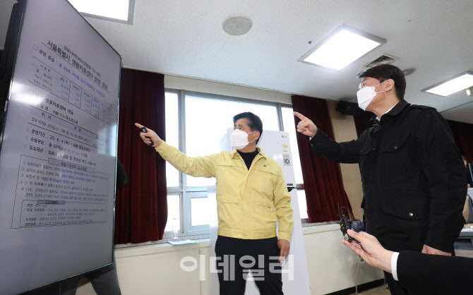 남산생활치료센터 운영 현황 경청하는 안철수                                                                                                                                                        